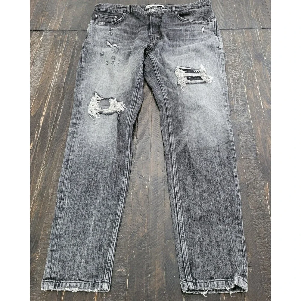 Zara Men’s Grey Acid Wash Skinny Jeans US 36 Distressed Slim Fit Streetwear